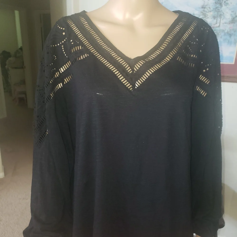 Chico's XLP flowy longsleeve crocheted yoke woven modal blend light airy luxury - Picture 3 of 10